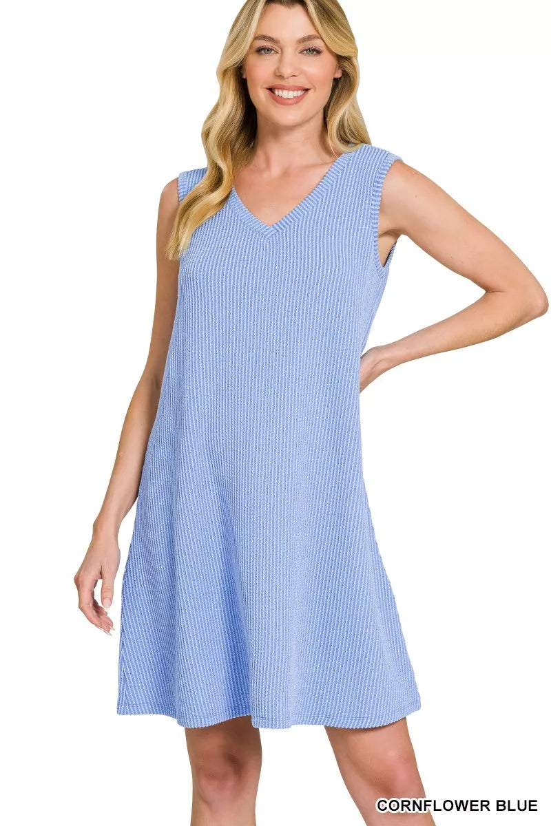 Raised Rib Sleeveless Mini Dress in Cornflower Blue