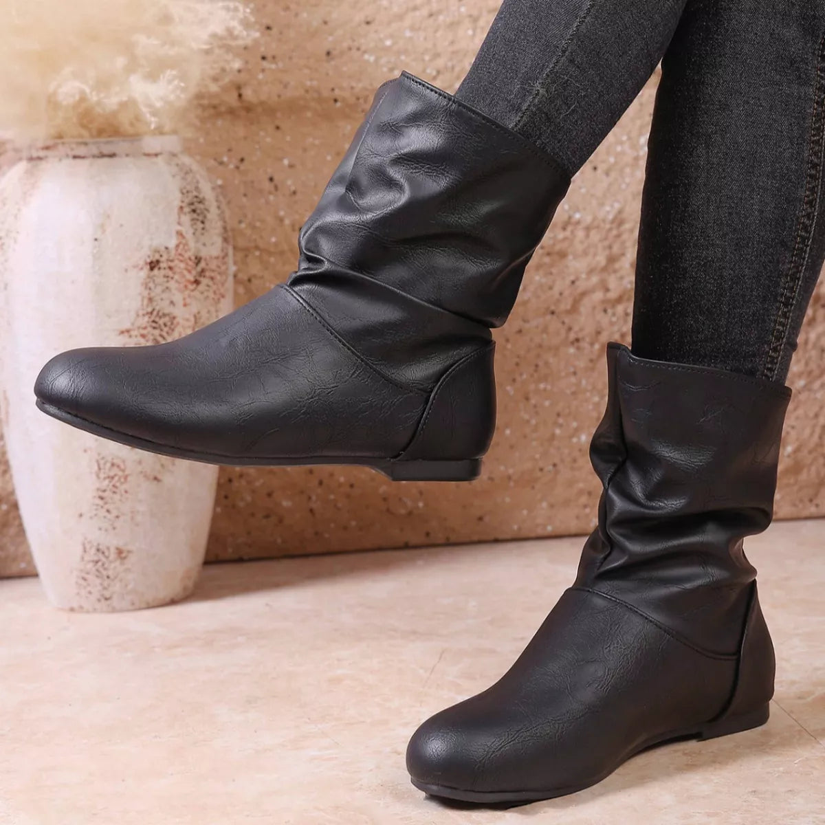 Flat Ankle Boots with Wrinkled Design toe close up