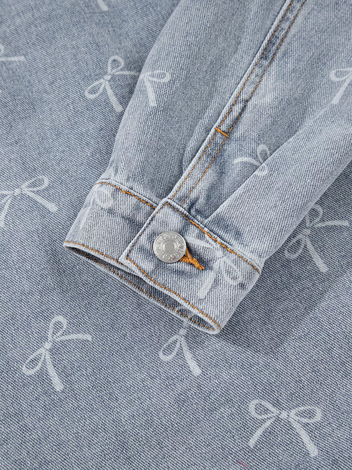 Bow Print Raw Hem Denim Jacket in Light Wash view 10