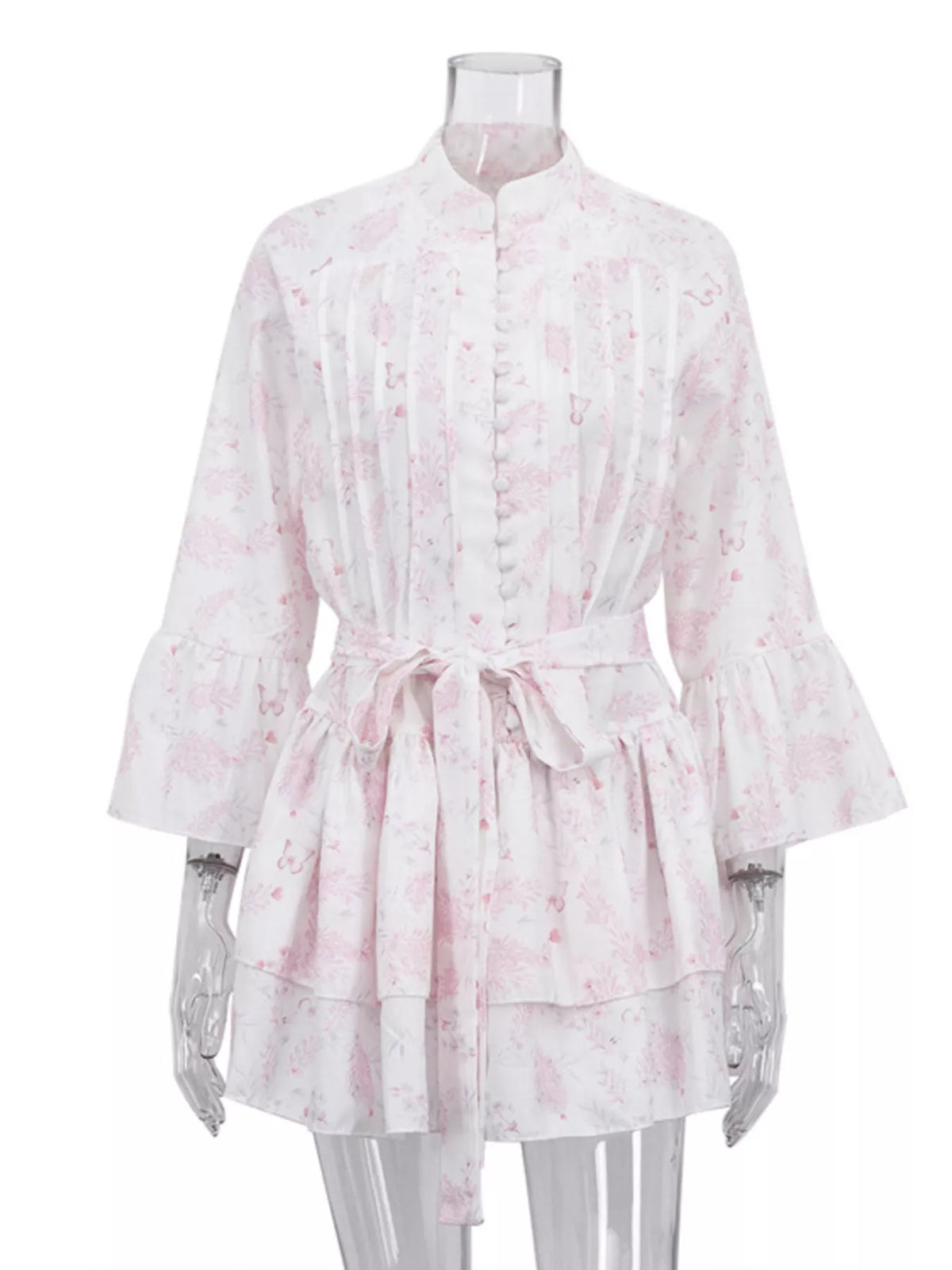 Close up of the belt at the waist of the floral dress