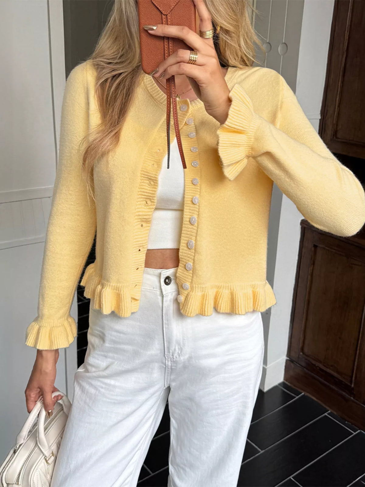 Ruffled Trim Button Up Knit Cardigan, view 11