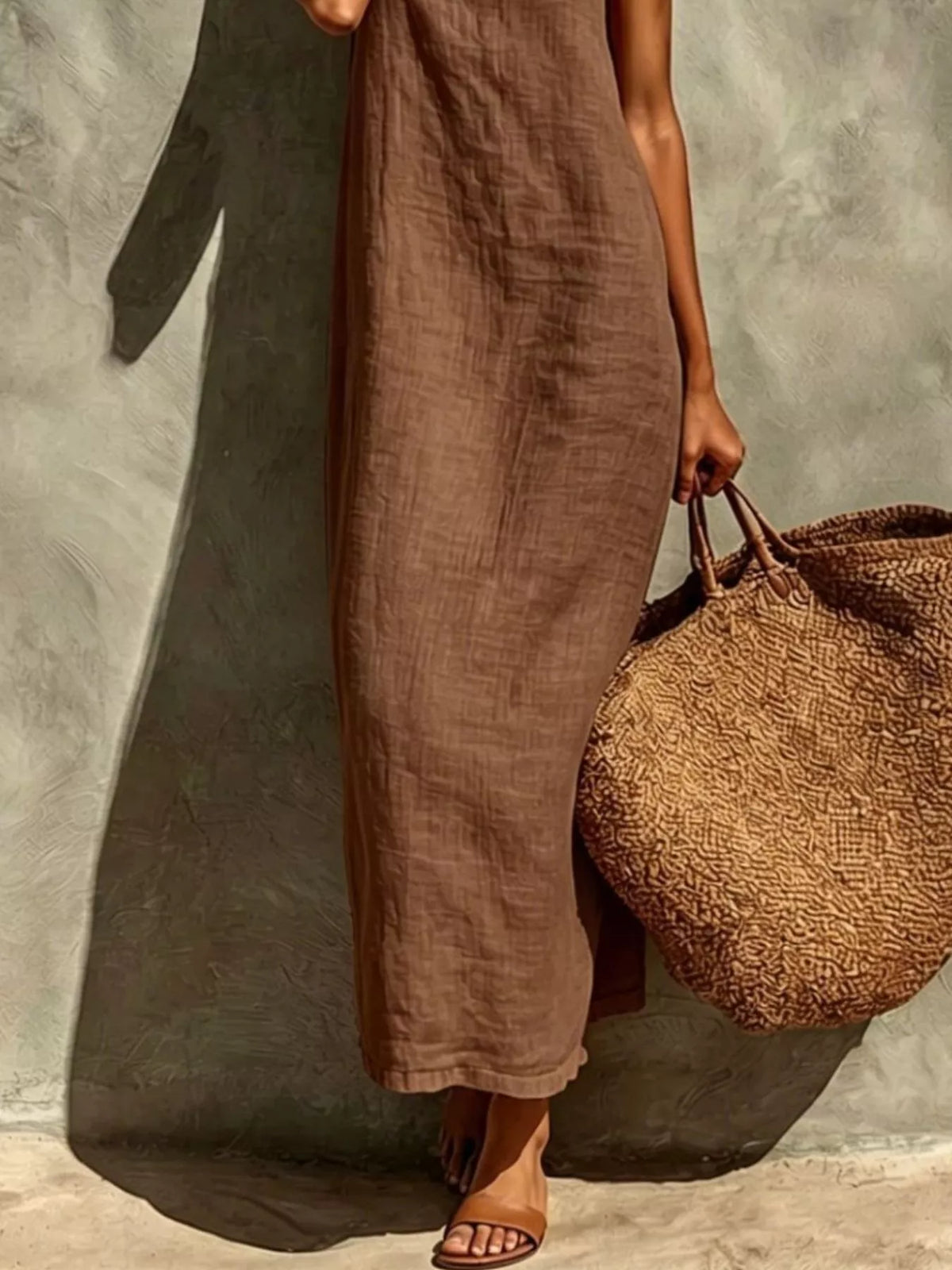 Sleeveless linen feel maxi dress fabric detail