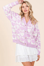 Mittoshop Checkered Heart Button Down Cardigan Lilac - Fashorio