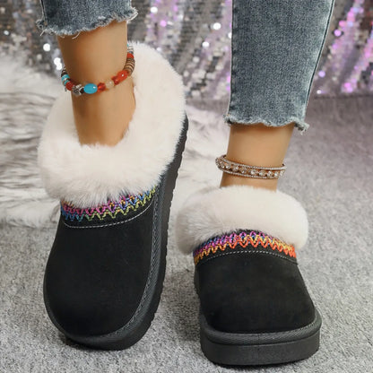 Fur-Lined Platform Boots with Decorative Woven Strap Black - Fashorio