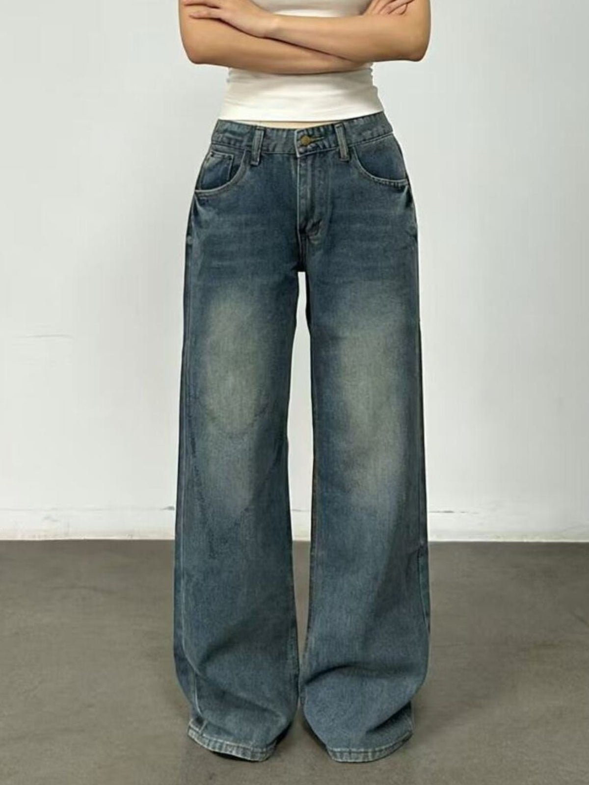Wide leg jeans showing relaxed flowing drape