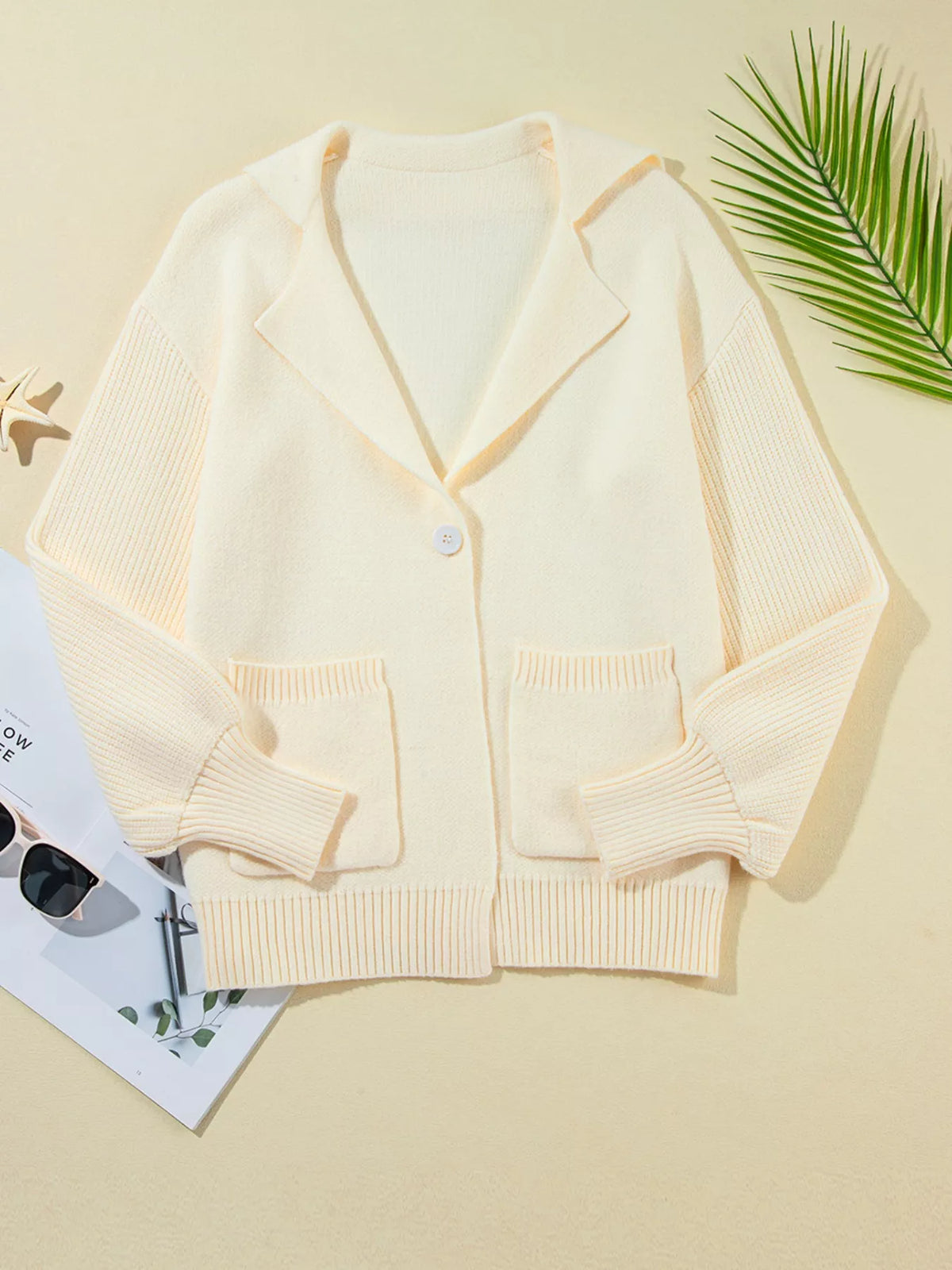 Lapel Collar Single Button Cardigan in Ivory view 7