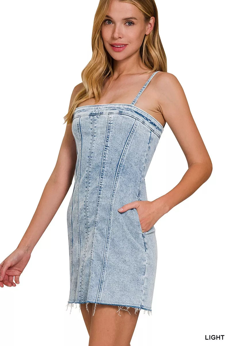 Spaghetti Strap Exposed Seam Dress in Light Wash detail