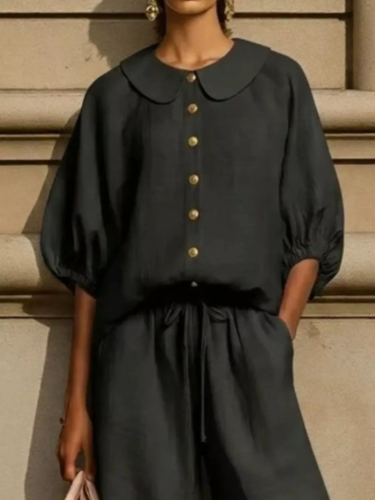 Button front top and pants set styling