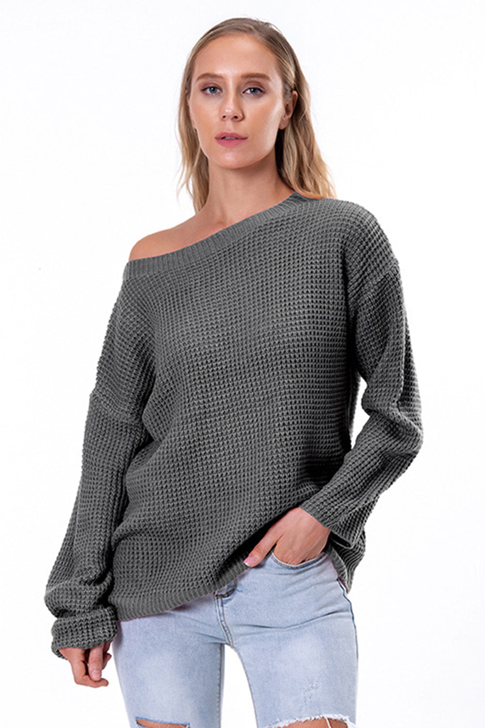 Boat Neck Drop Shoulder Long Sleeve Sweater Charcoal - Fashorio