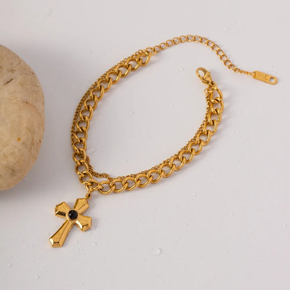 Stainless Steel Imitation Gemstone Cross Shape Pendant Bracelet - Fashorio