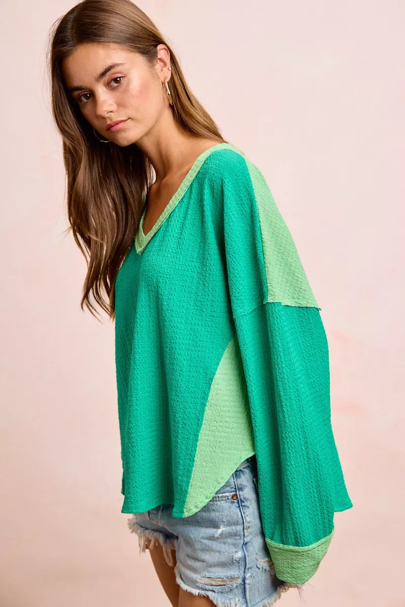 BiBi emerald and light green color block textured top back detail