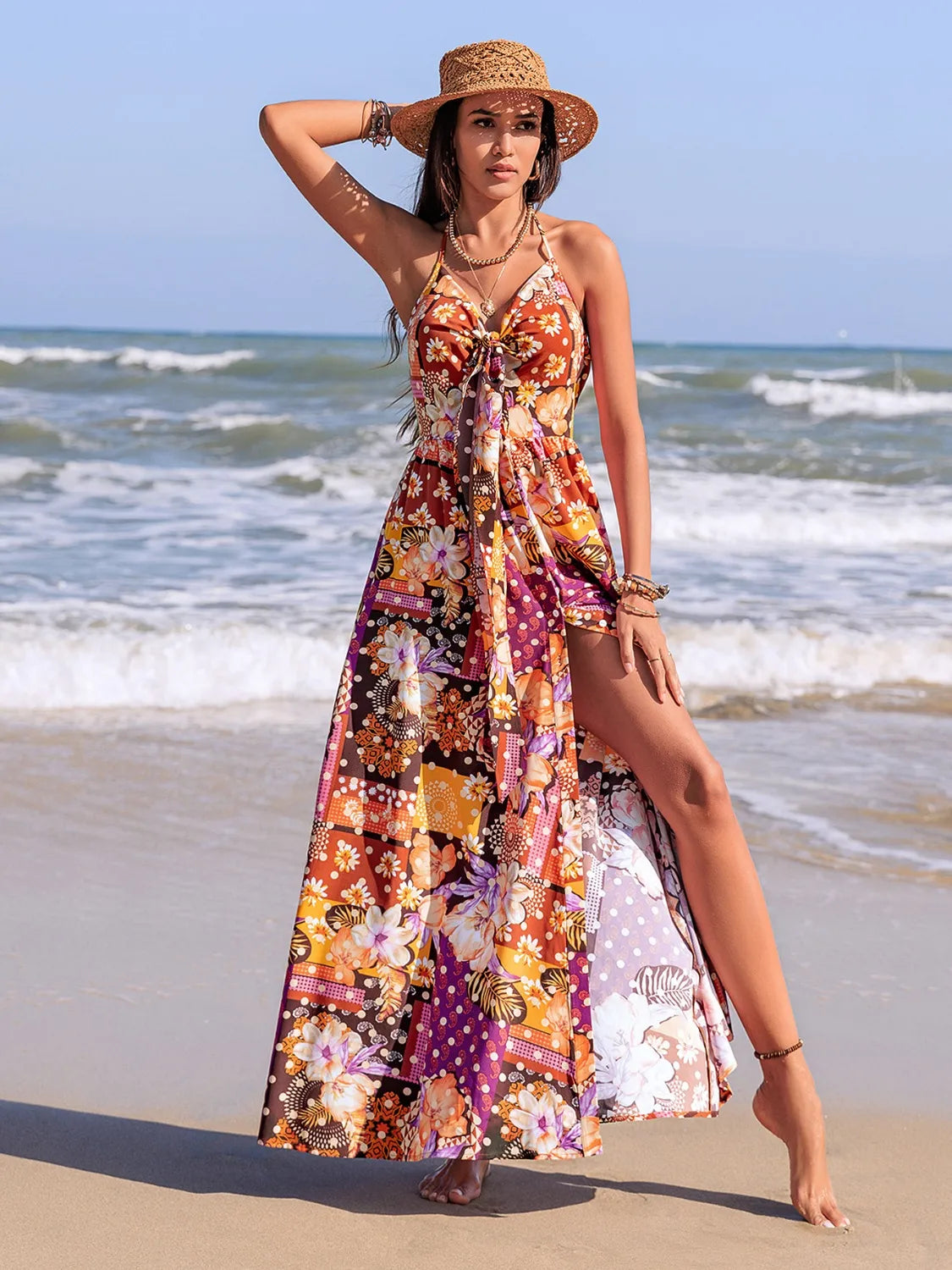 Full length multicolor halter cami dress