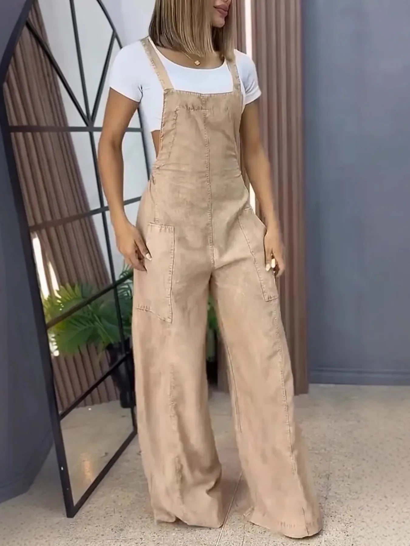 Full Size Wide Leg Washed Denim Overalls Plus Size Khaki - Fashorio