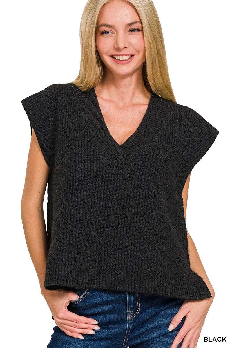 Oversized Side Slit Sweater Vest in Black