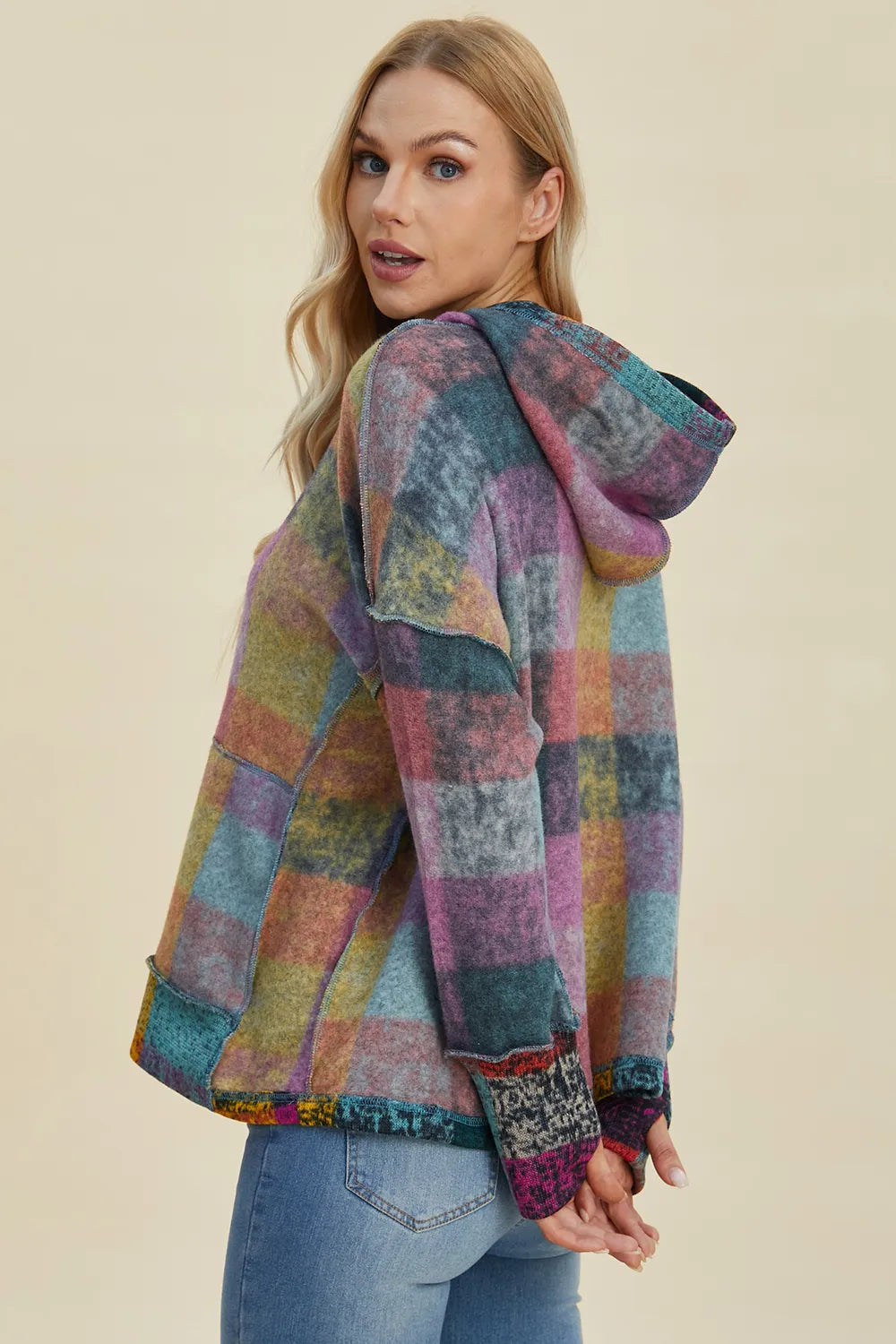 Dropped shoulder plaid hoodie side view