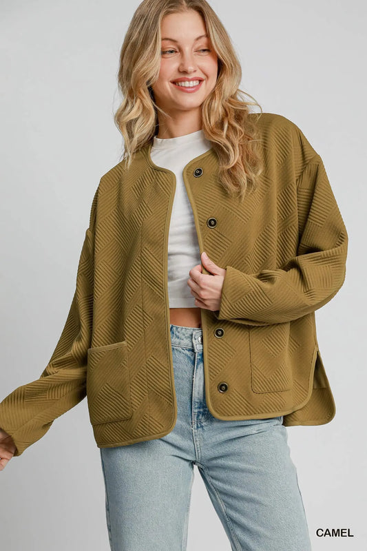 Umgee Textured Jacquard Jacket CAMEL - Fashorio