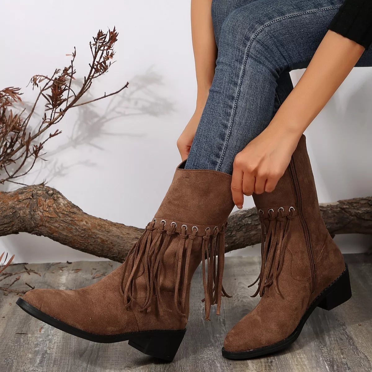 Fringe Western Block Heel Boots paired with denim