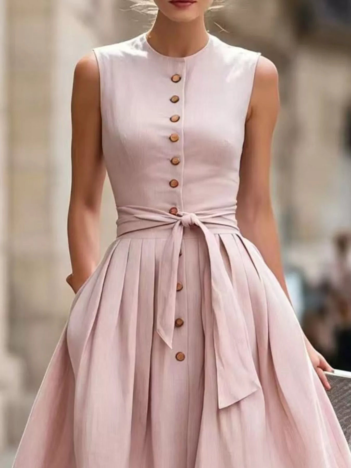 Back view of the button front belted dress