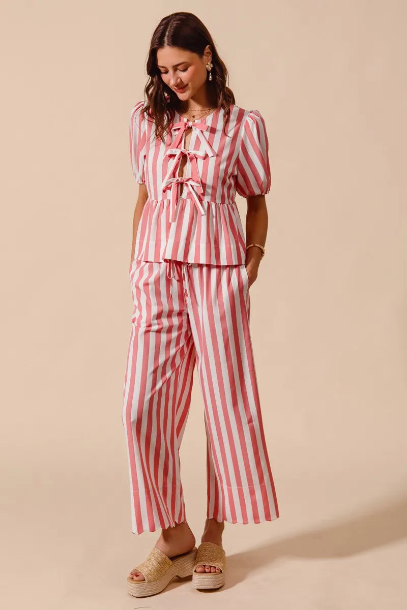 SO ME Front Tie Stripe Top With Puff Sleeves and Wide Leg Pants Set PINK - Fashorio