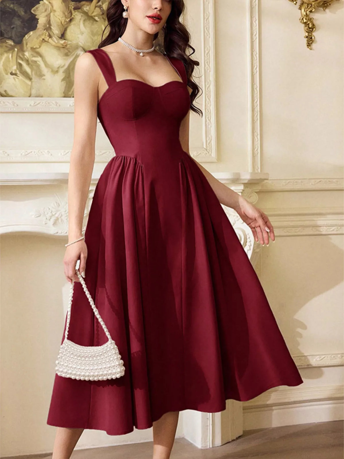 Red sweetheart neckline a line midi dress back view