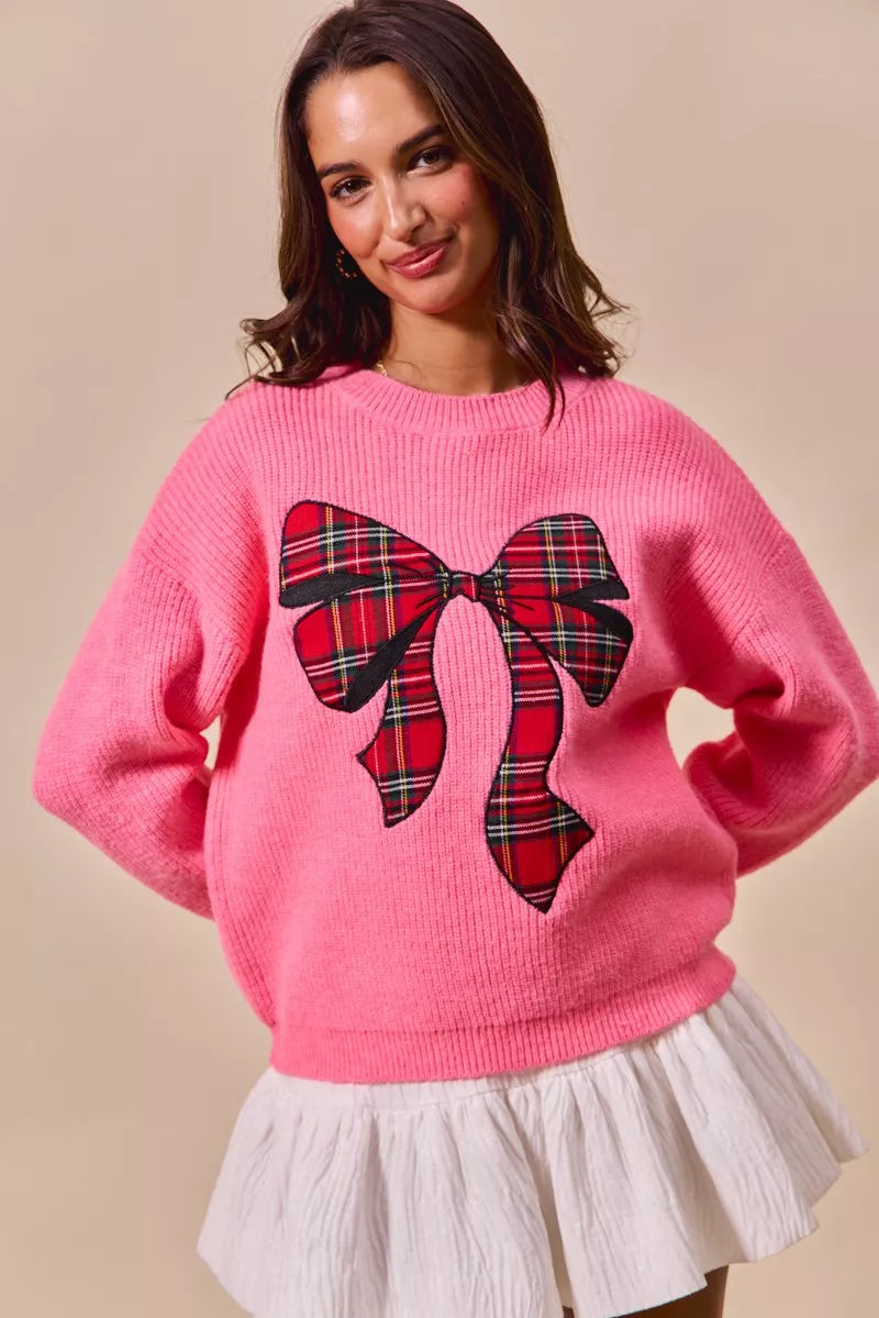 Checker Plaid Ribbon Christmas Sweater in Pink styled look