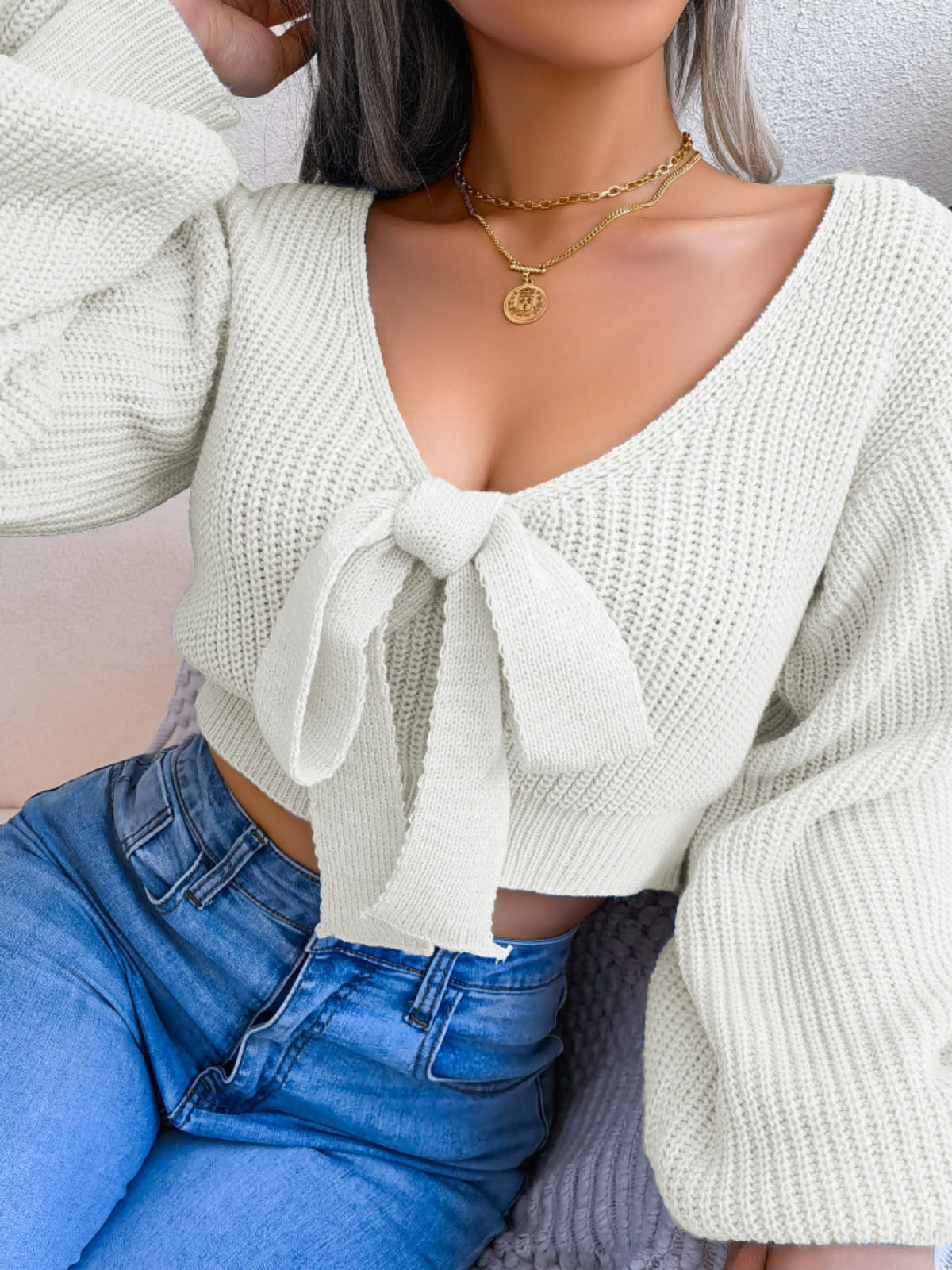 Tie-Front Cropped Sweater, view 17