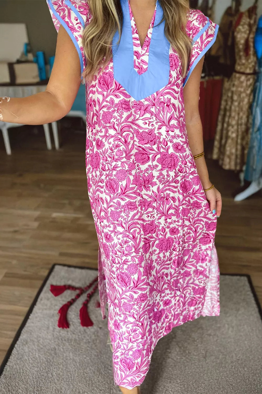 Pink floral ruffle cap sleeve maxi dress full length view