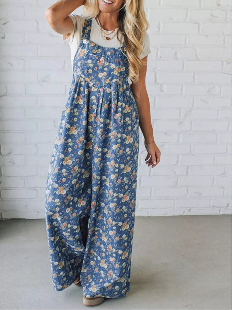 Floral print wide leg denim overalls front view
