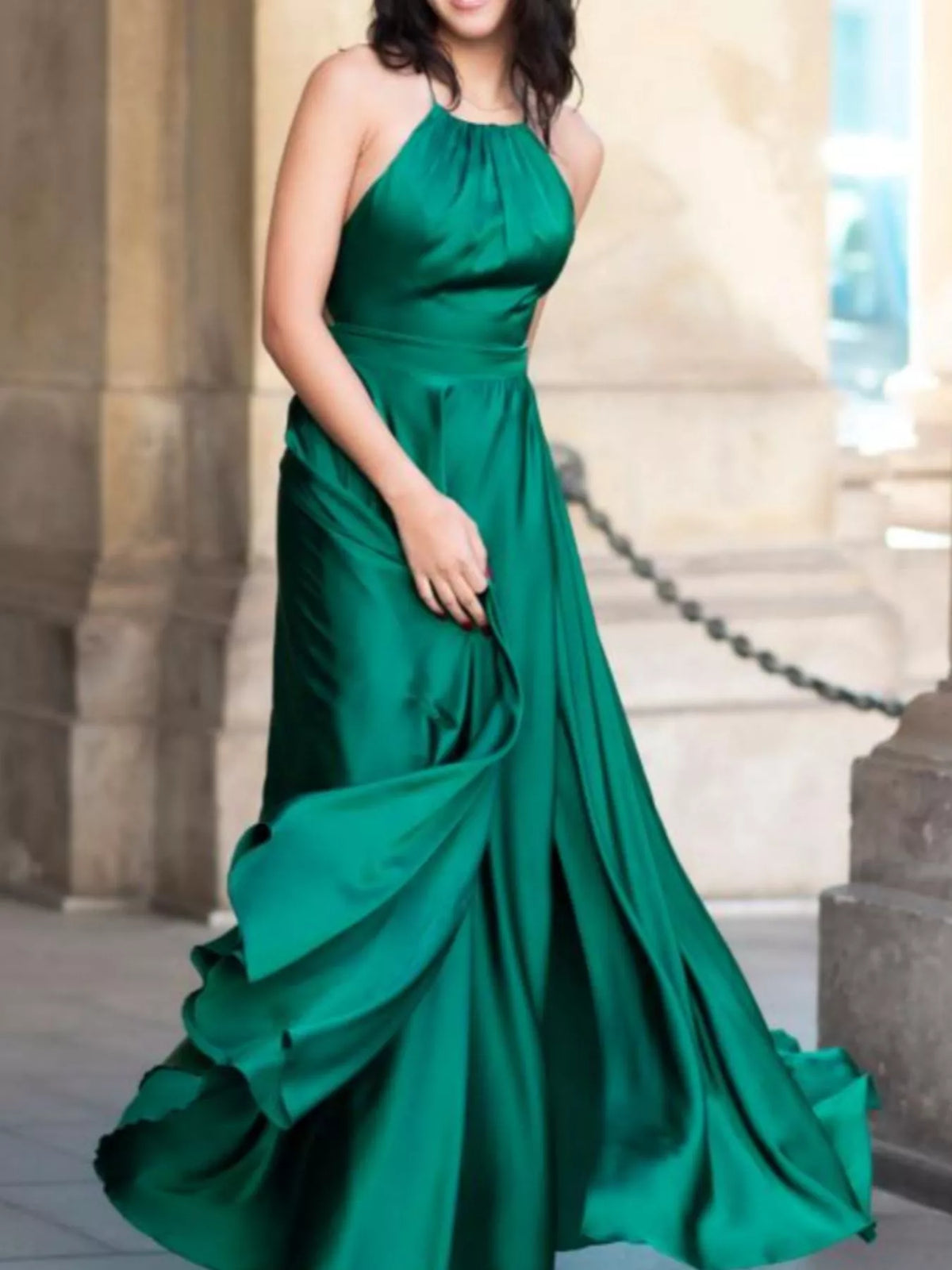 Back view showing the backless design and tie fastening
