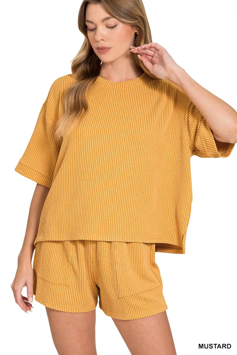 Raised rib short sleeve tee and drawstring shorts set in mustard