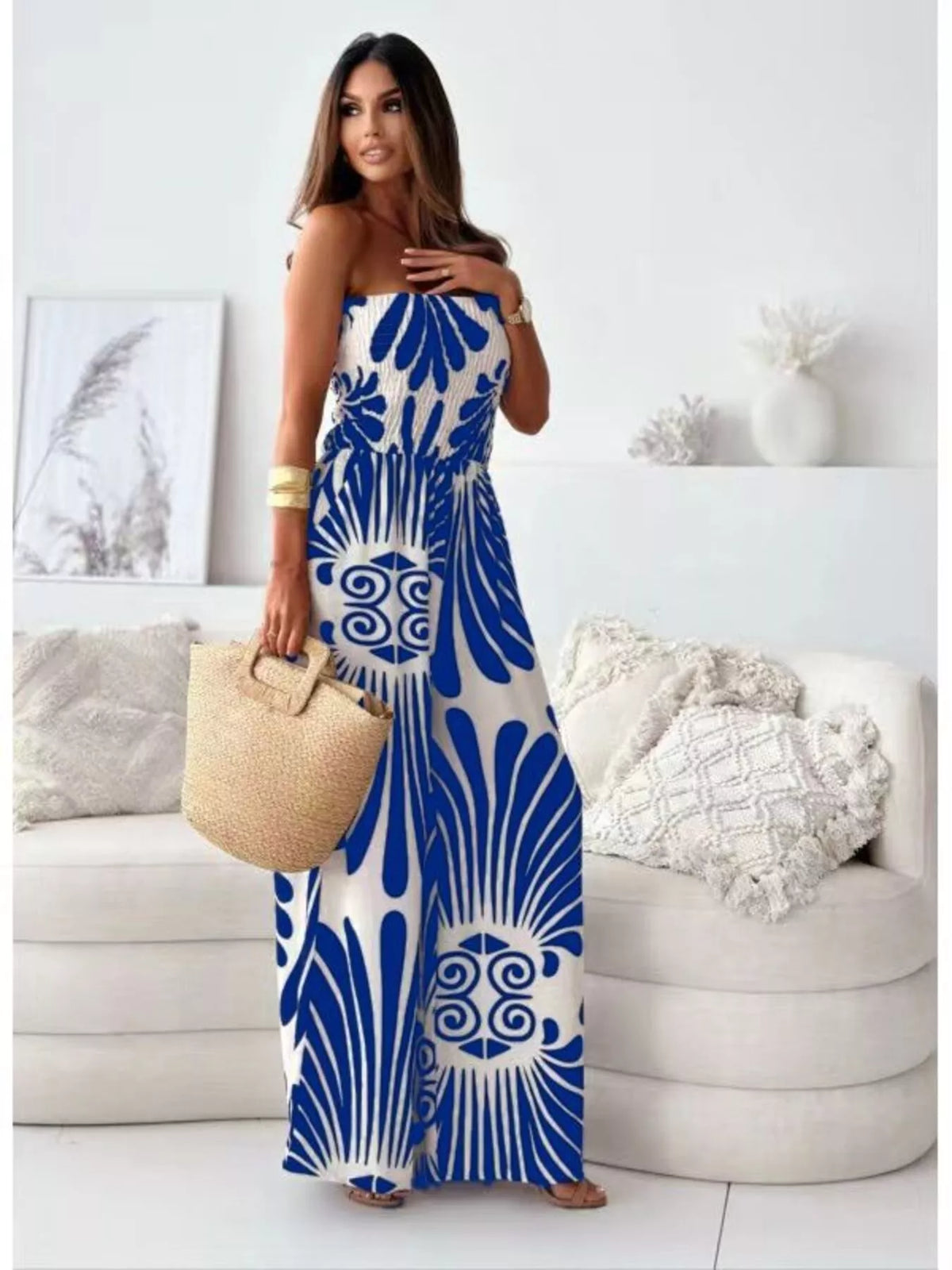 Printed strapless wide leg jumpsuit close up view