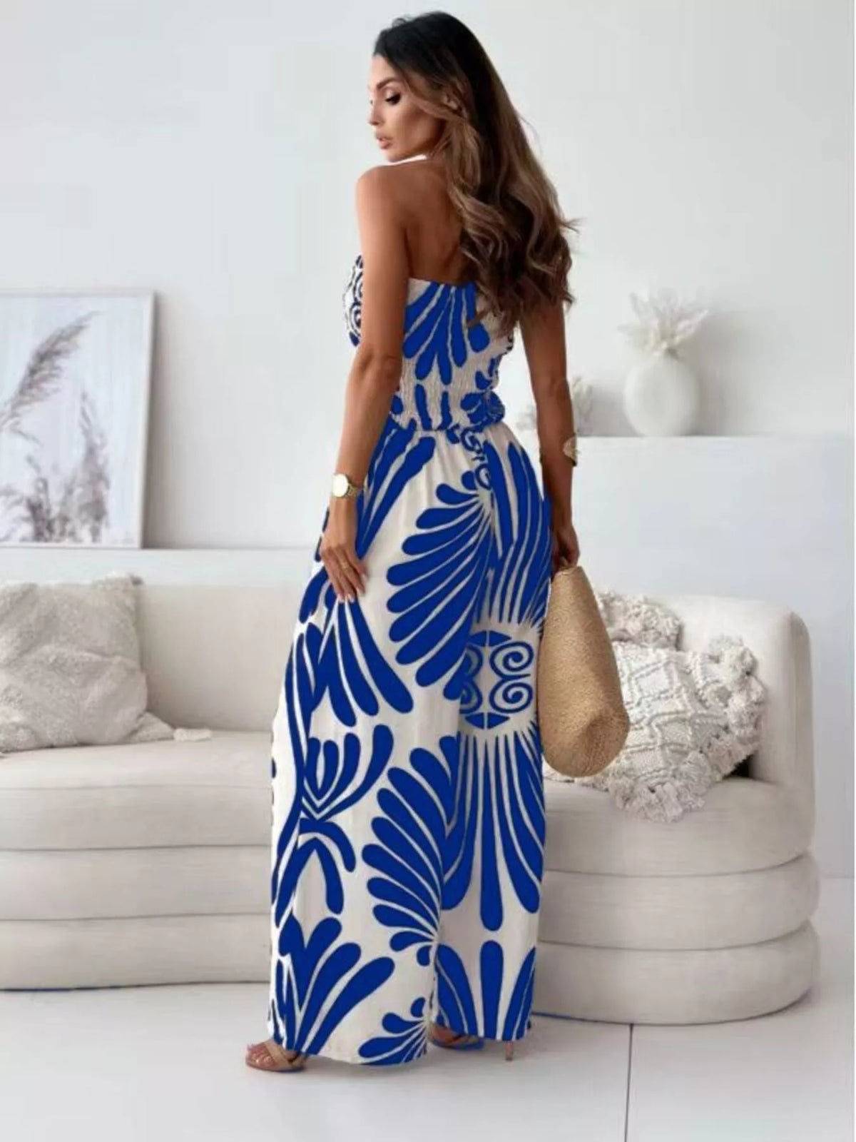 Printed strapless wide leg jumpsuit front view