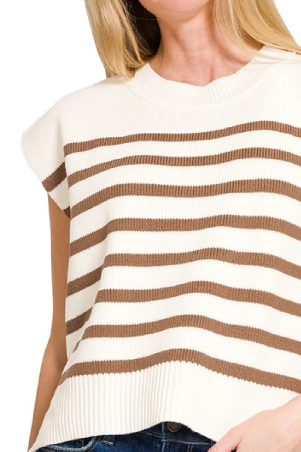 Zenana Oversized Crew Neck Stripe Sweater Vest - Fashorio