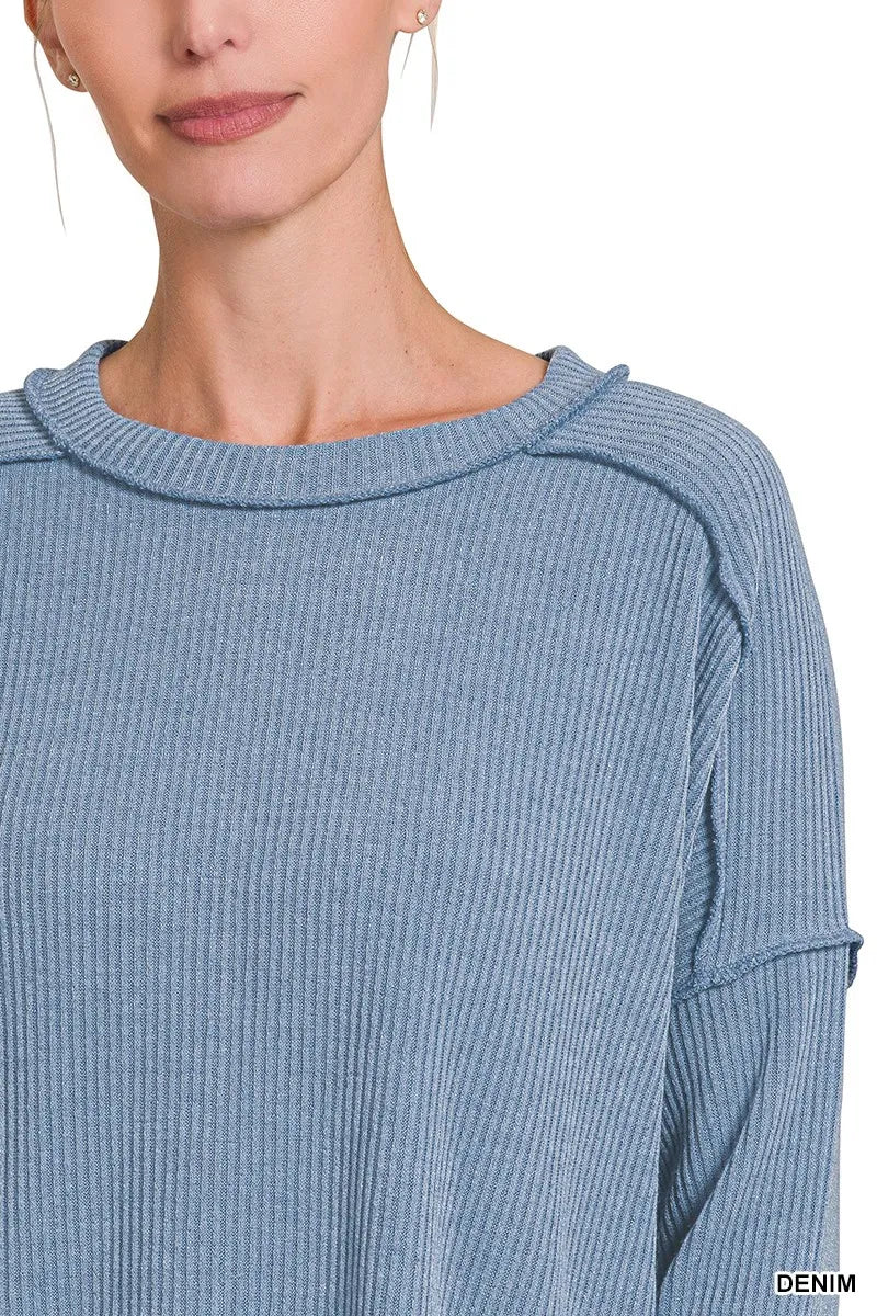 Ribbed Drop Shoulder Round Neck Sweater in Denim Blue back view
