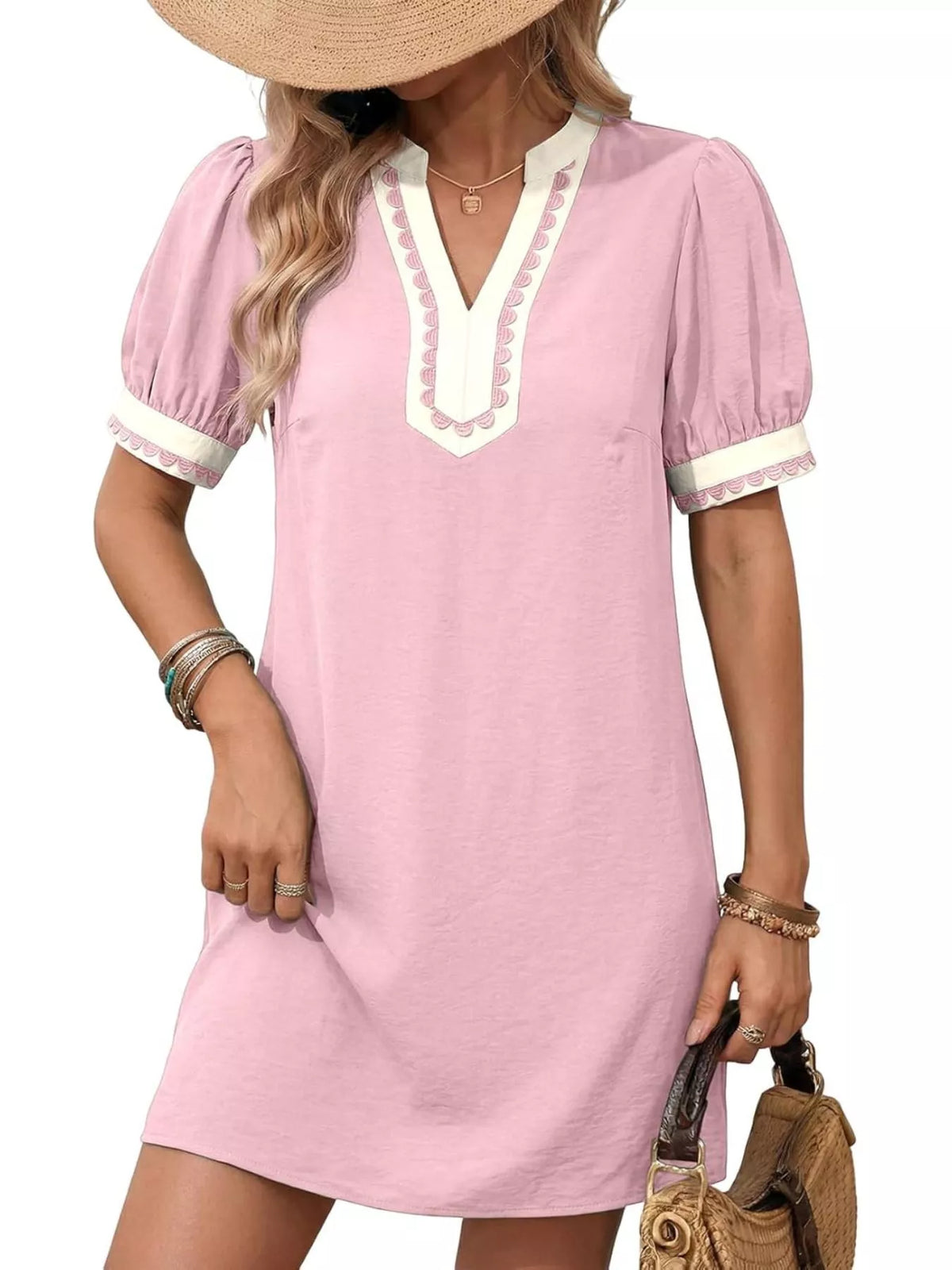 Notched puff sleeve dress shown in a green colorway