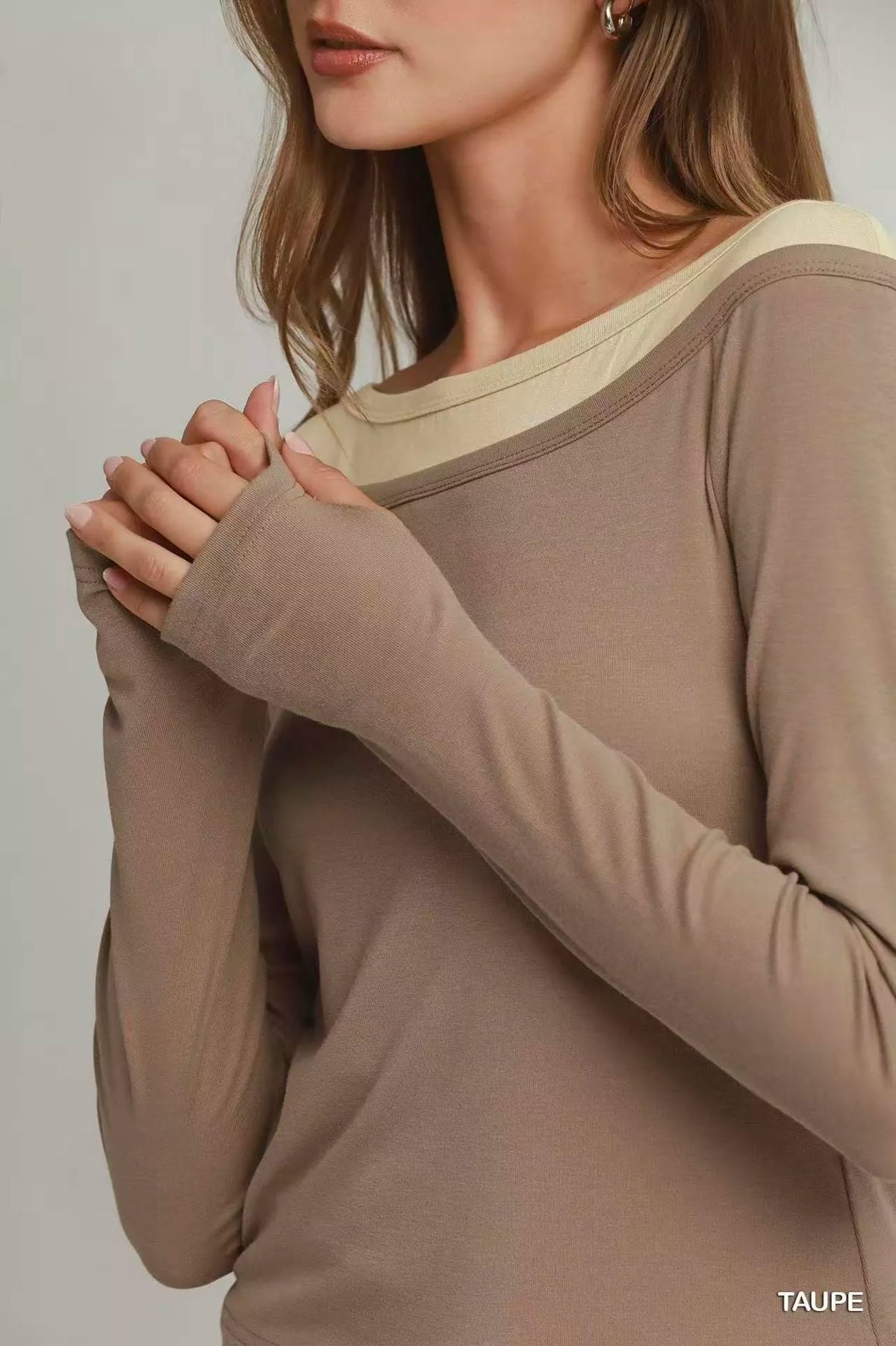 Taupe Umgee layered twofer long sleeve top styled look