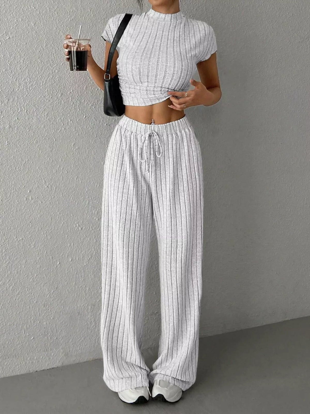 Ribbed coordinated set wide leg pants movement