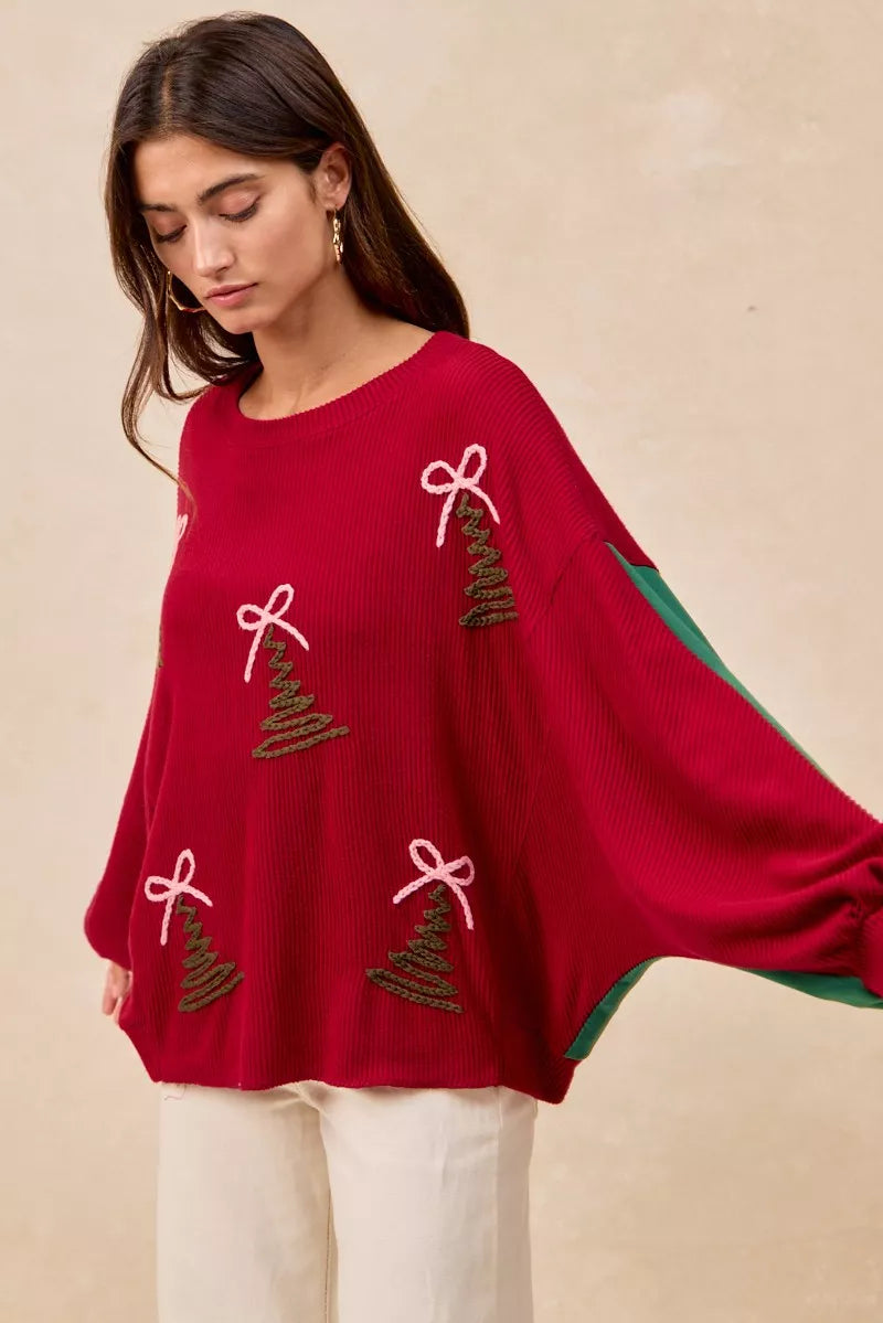 Embroidered Christmas Tree Sweater in Red styled look