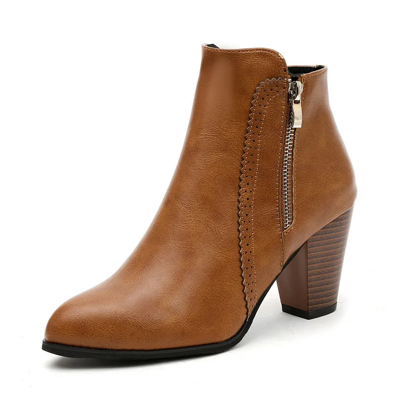 PU leather block heel boots styled on model