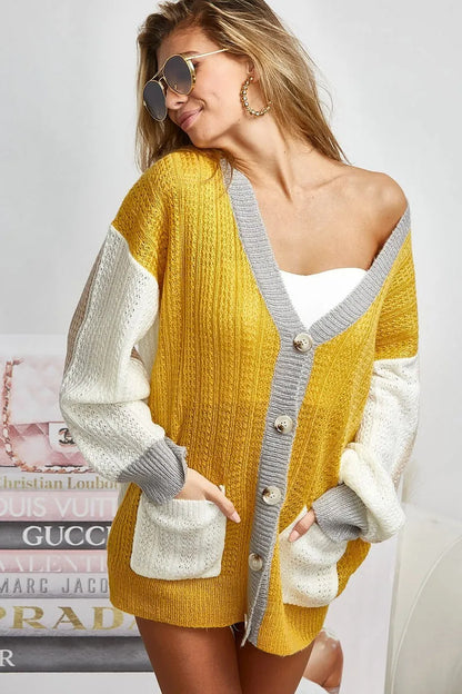 BiBi Color Block Sweater Cardigan with Button Closure - Fashorio
