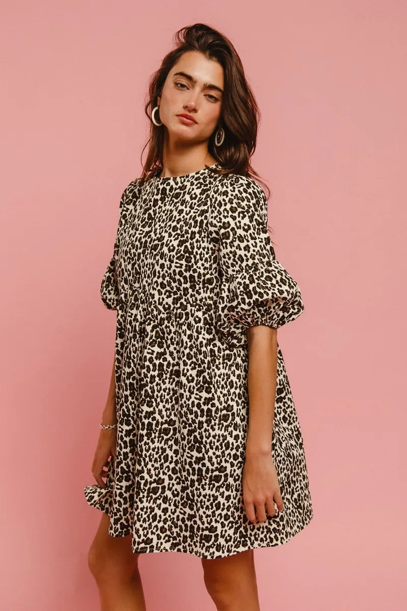 BiBi Leopard Denim Dress With Back Contrast Tie Detail - Fashorio