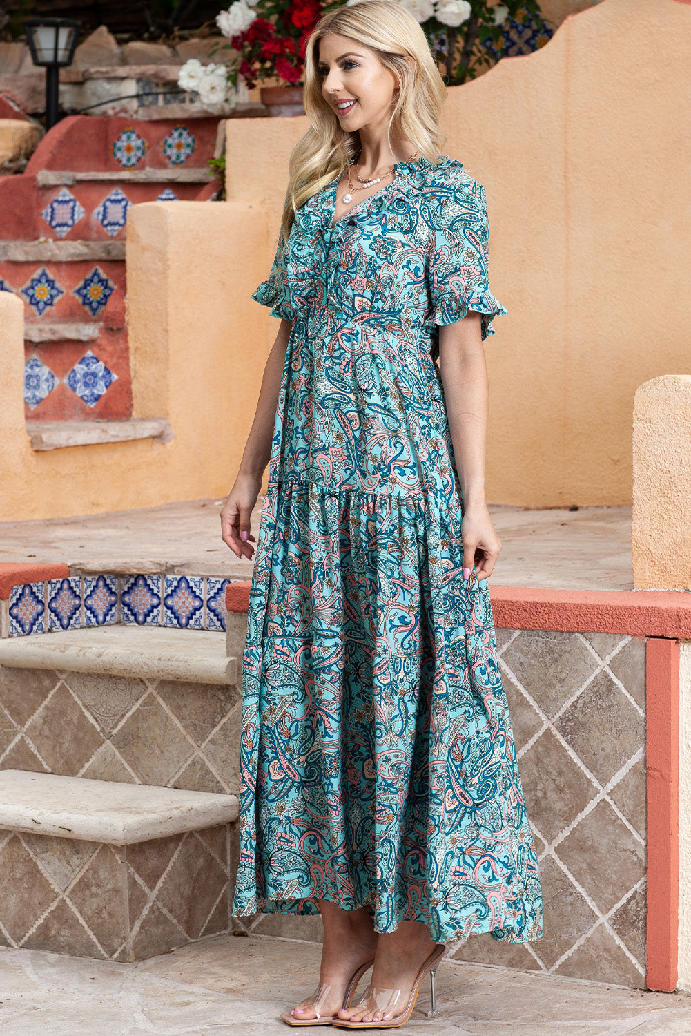 Paisley Print Flounce Sleeve Maxi Dress - Fashorio