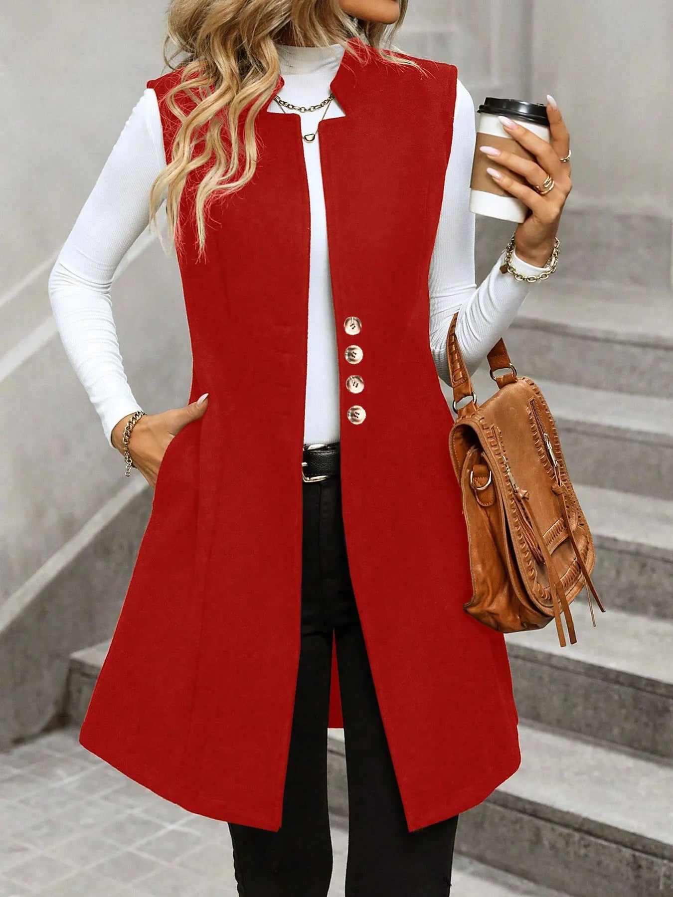 Button Up Longline Vest Coat Red - Fashorio