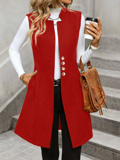 Button Up Longline Vest Coat Red - Fashorio