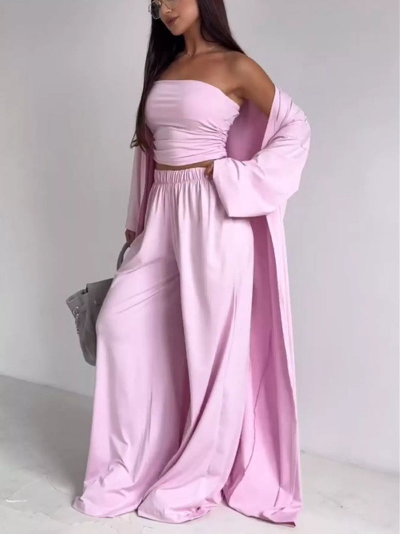 Tube top cardigan and wide leg pants three piece set front view