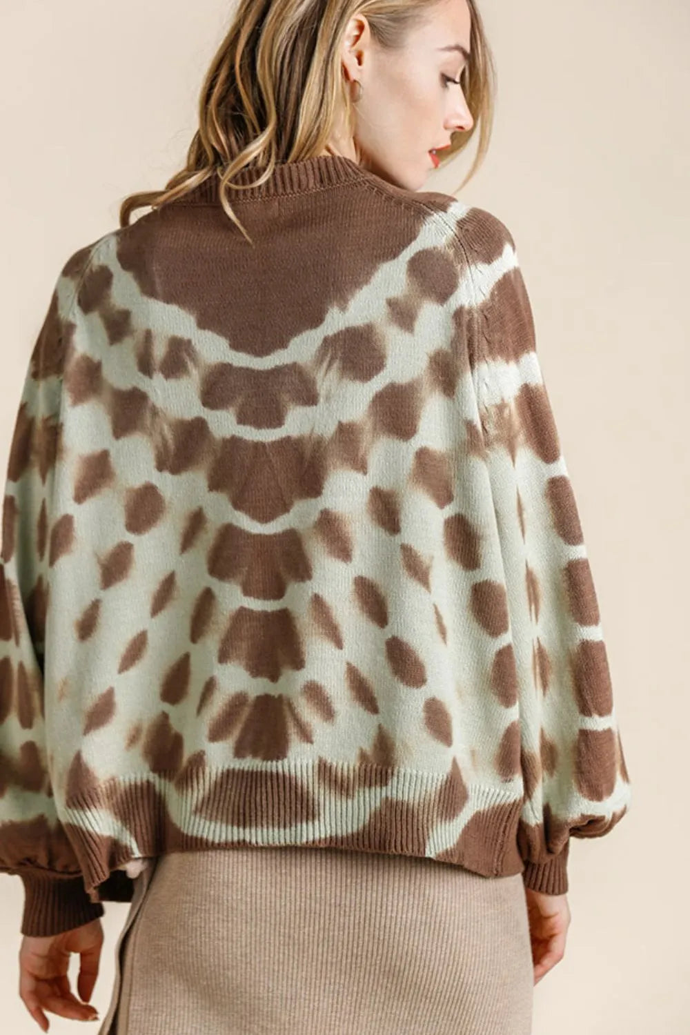 Tie Dye Ribbed Hem Round Neck Sweater Plus Size in Coffee Brown detail