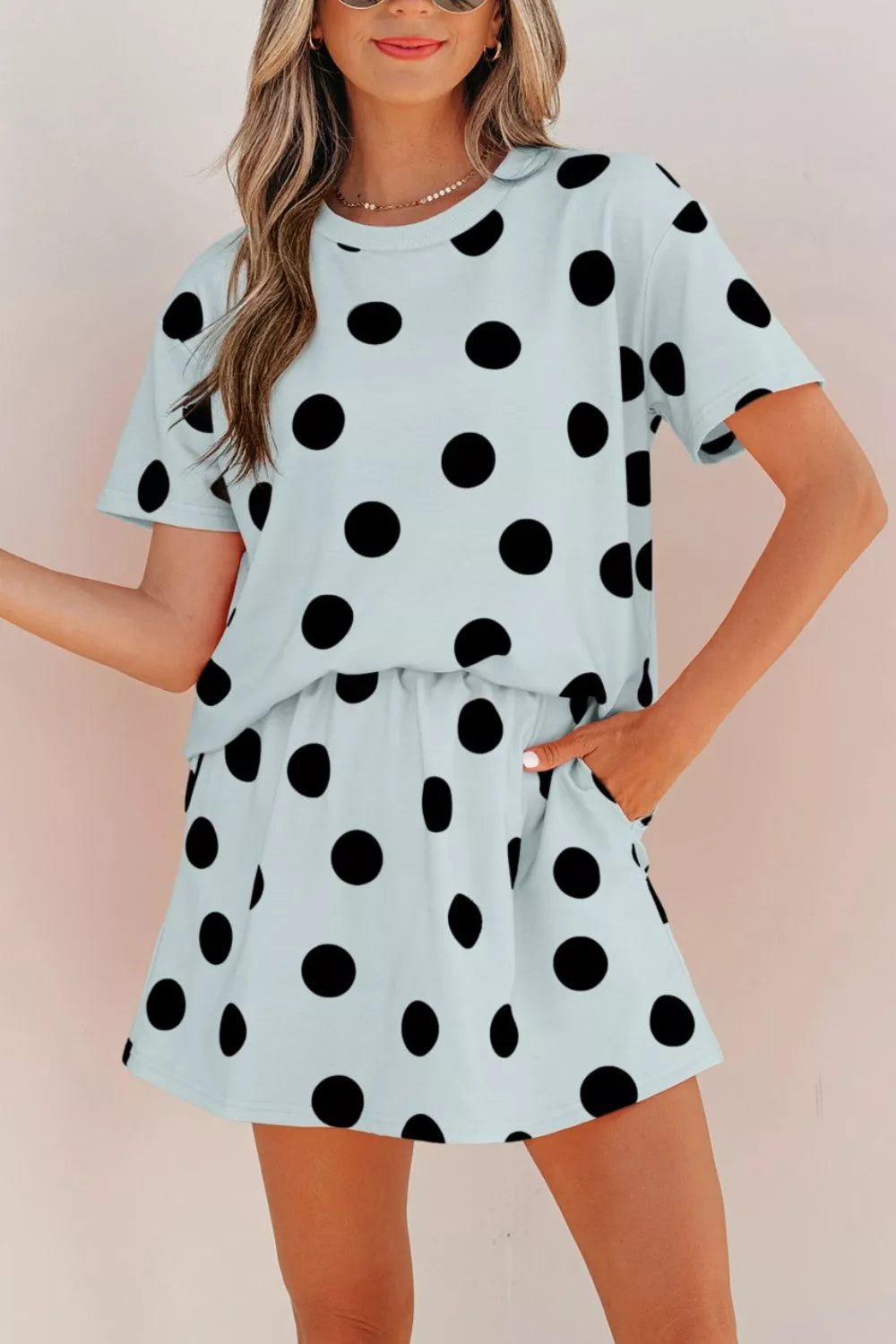 Polka dot two piece set ruffle detail