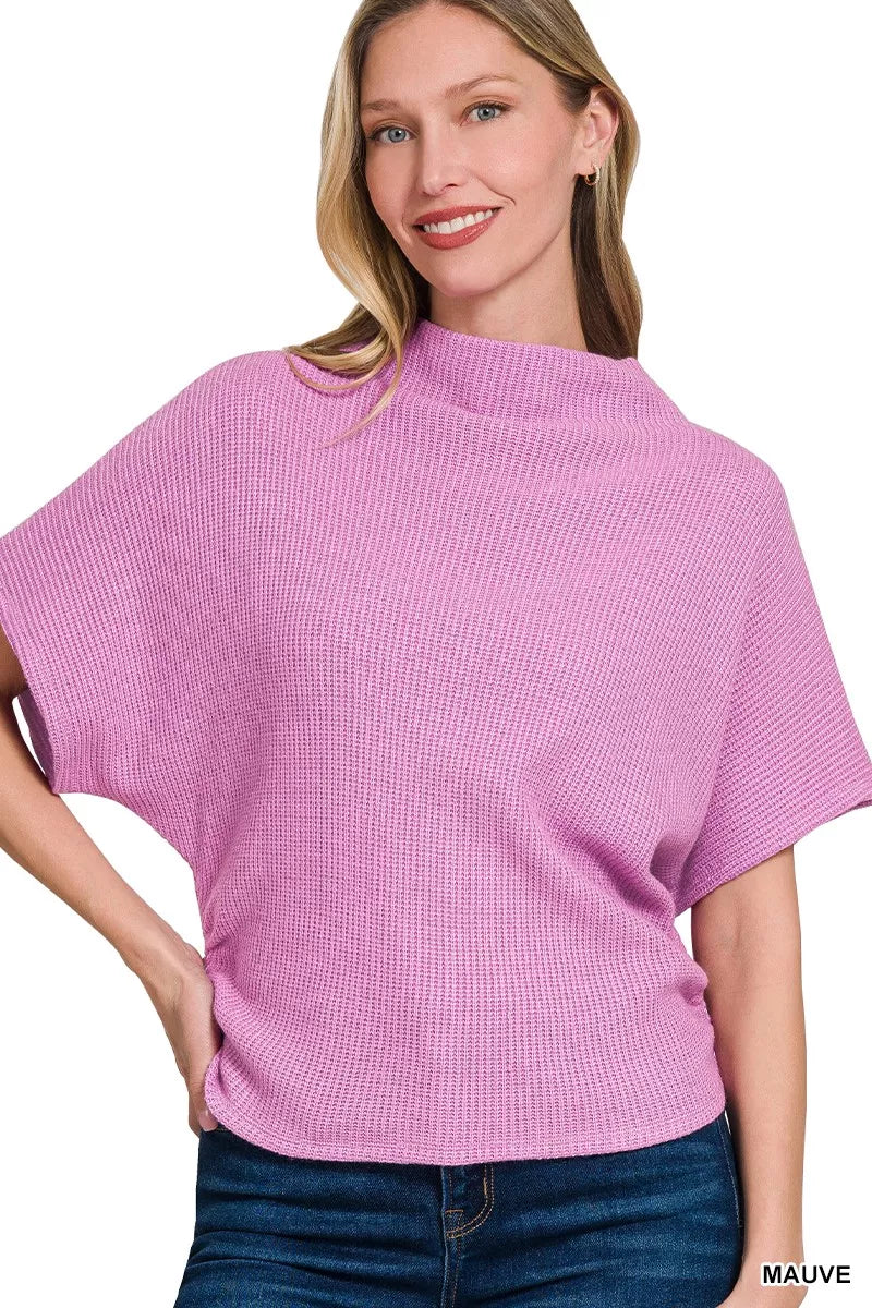 Mock Neck Side Shirred Sweater in Mauve