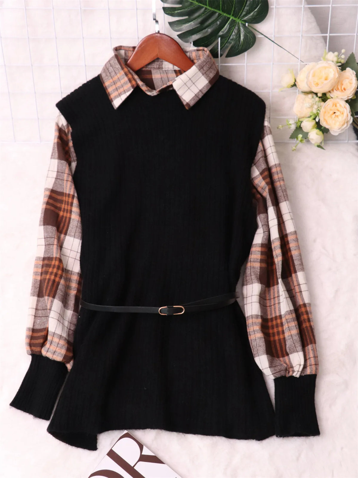 Plaid Belted Long Sleeve Sweater Dress on model