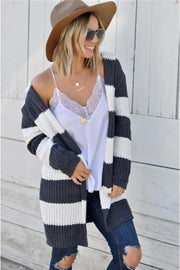 Contrast Stripes Open Front Long Sleeve Cardigan Cream - Fashorio